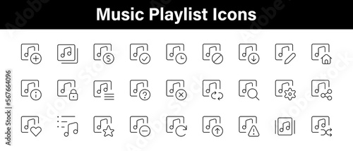 playlist icon set, music notes, vector illustration. Music icon set. Musical instrument symbol. Containing musical note, radio, piano, speaker, sound and disc icons.