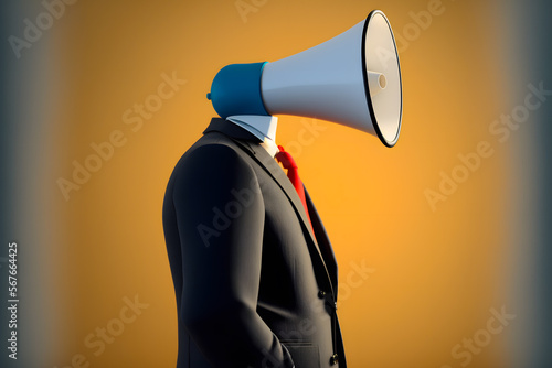 Man in a business suit jacket with a yellow megaphone instead of a head. Concept speaker, media can speak. Generative AI technology.