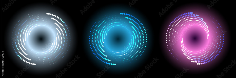 A set of circles of dotted halftones with neon glow on a black background. A design element. The effect of a rotating, disappearing gradient. Vector illustration. A set of circles of dotted halftones with neon glow on a black background. A design element. The effect of a rotating, disappearing gradient. Vector illustration.