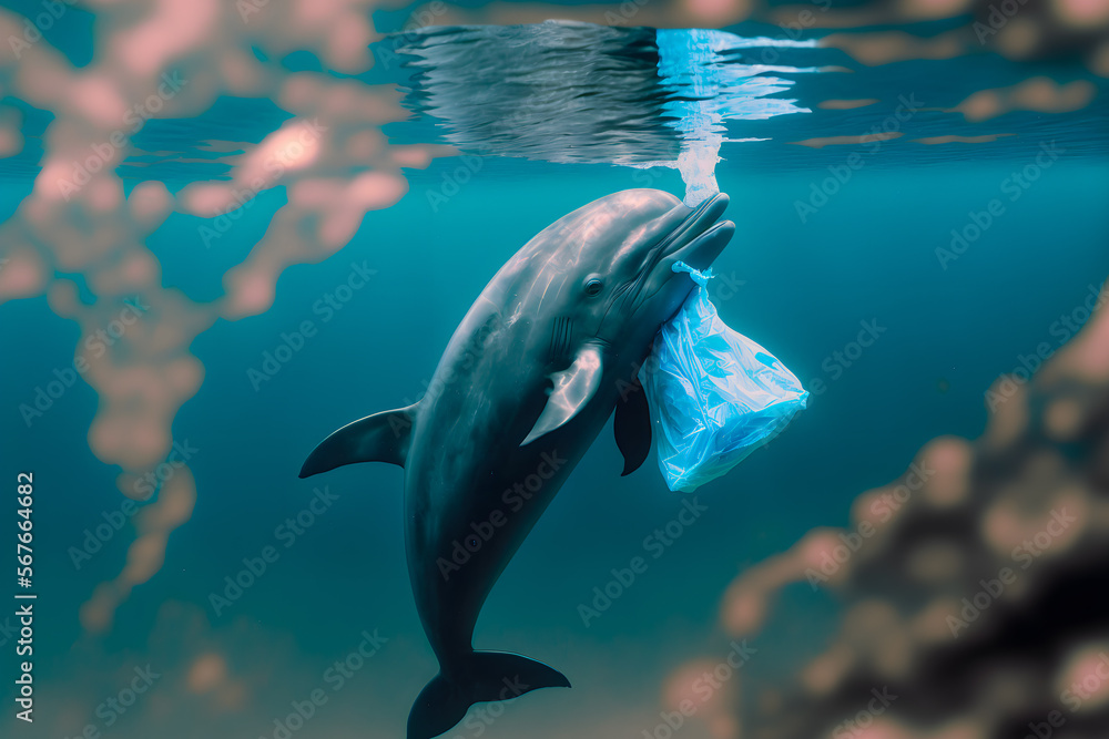 Live swimming dolphin is entangled in a plastic bag, in dirty water in ...
