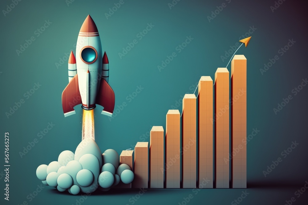 Rocket ship illustration with bar chart, blue background. Generative AI Rocket ship illustration with bar chart, blue background. Generative AI