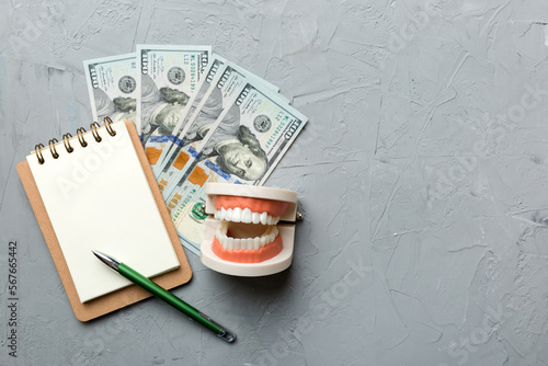 Flat lay composition with educational dental typodont model and money with notebook on colored table, top view. Expensive treatment photo