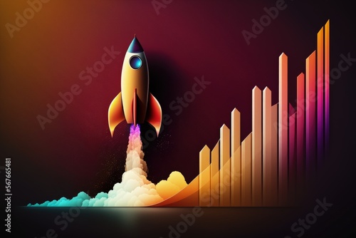 Rocket ship illustration with bar graph, gradient background. Generative AI