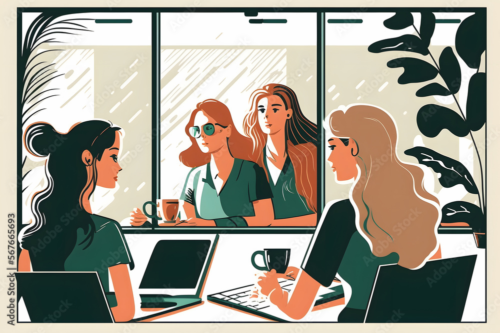 women in office making video call, vector art, digital illustration women in office making video call, vector art, digital illustration