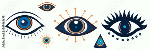 set of mystical eye, evil eye, divination, clairvoyance in flat style, vector