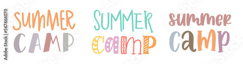 Summer camp. Pastel color illustration. Summer camp template poster, flyer, banner design. Hand drawn set of lettering typography text. Summer camp logo for print design.