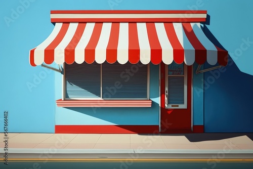 Shop illustration with red and white awning  blue background. Generative AI