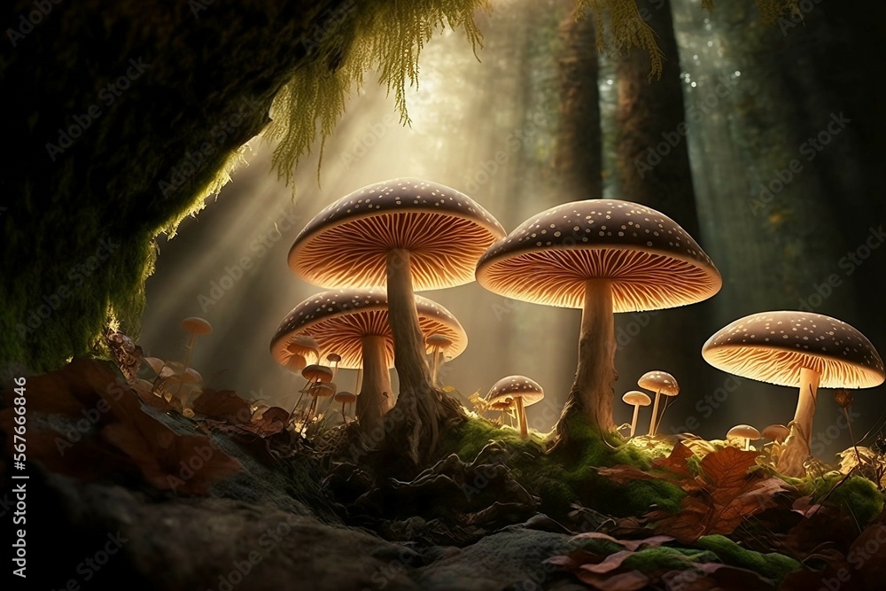 Fototapeta premium Mushrooms in the forest. Generative AI. 