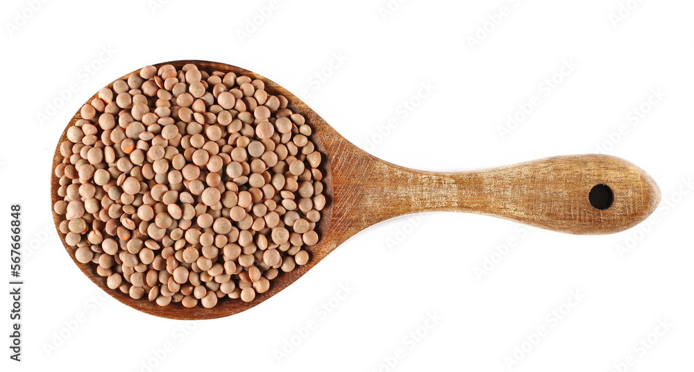 Lentils uncooked in wooden spoon isolated on white, top view Lentils uncooked in wooden spoon isolated on white, top view