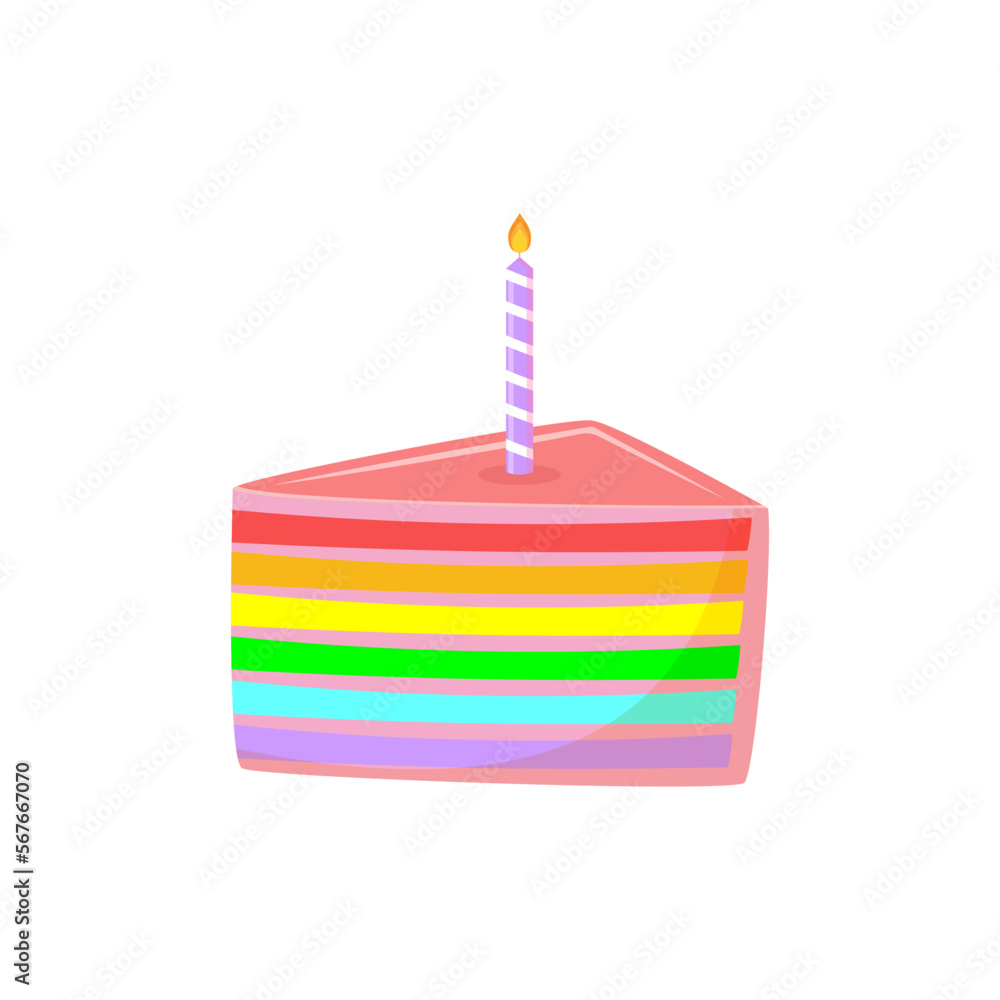 Vector illustration of rainbow Birthday cake with white chocolate and candle