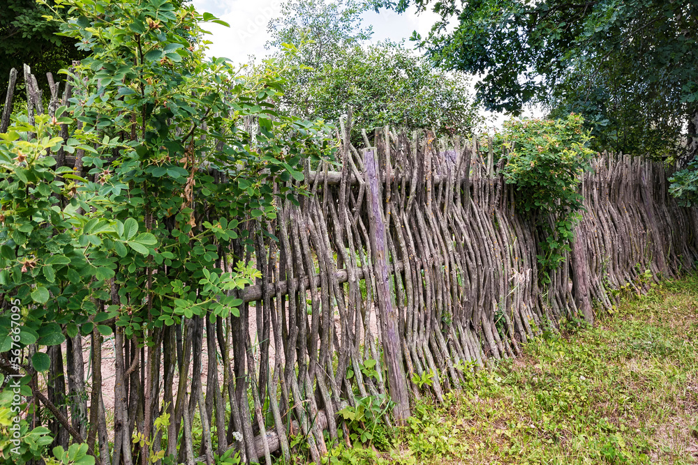 Rural life. A fence of intertwined rods and branches.
