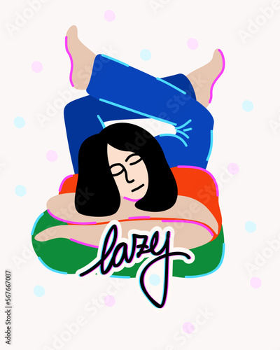 Sleeping girl. Lazy. Vector illustration with lettering on light beige background. Procrastination concept.