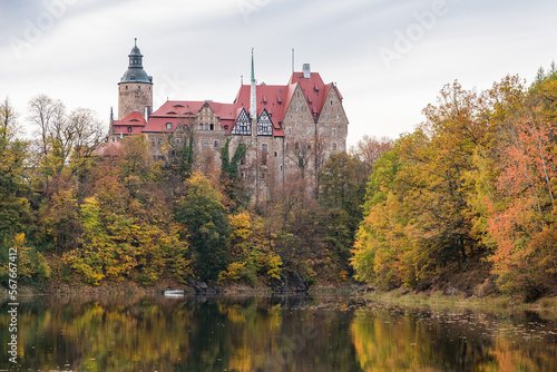View of castle Czocha and Lesnianskie Lake in Poland