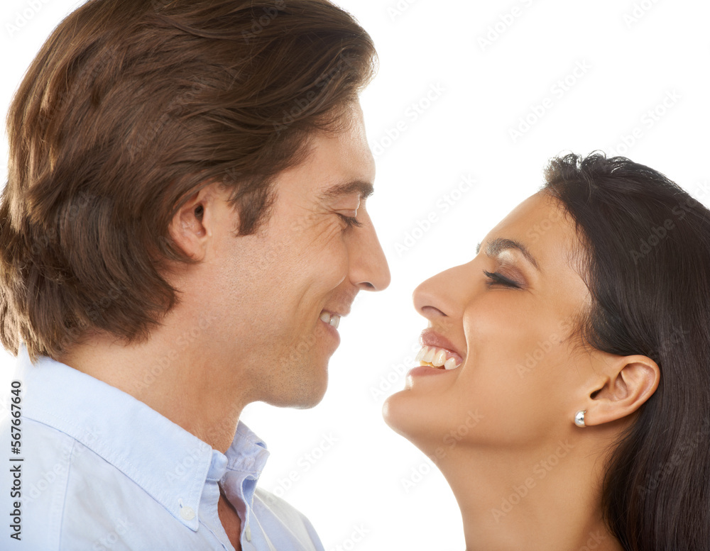 Couple, relationship and smile for love, valentines day or date in affection isolated against white studio background. Closeup of man and woman smiling in joyful happiness in special month of romance Couple, relationship and smile for love, valentines day or date in affection isolated against white studio background. Closeup of man and woman smiling in joyful happiness in special month of romance