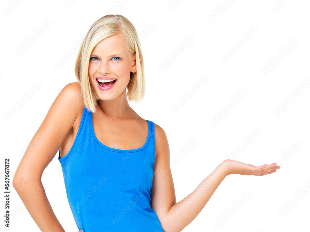 Isolated, happy and hand gesture with portrait of woman and mockup for promotion, branding and advertising. Smile, offer and vision with face of customer on white background for presentation choice Isolated, happy and hand gesture with portrait of woman and mockup for promotion, branding and advertising. Smile, offer and vision with face of customer on white background for presentation choice