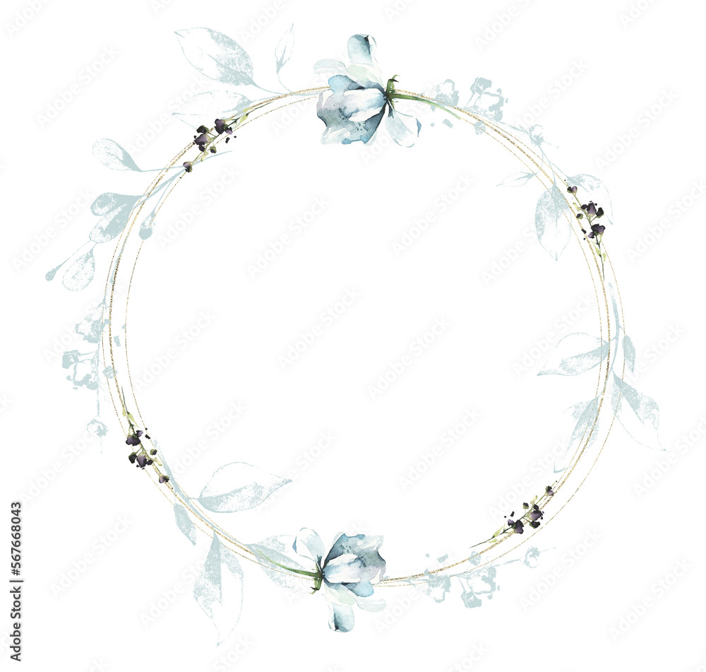 Arrangement frame with blue branches, leaves, flowers and gold fraphic elements. Watercolor painted floral wreath. Cut out hand drawn PNG illustration on transparent background. Isolated clipart.