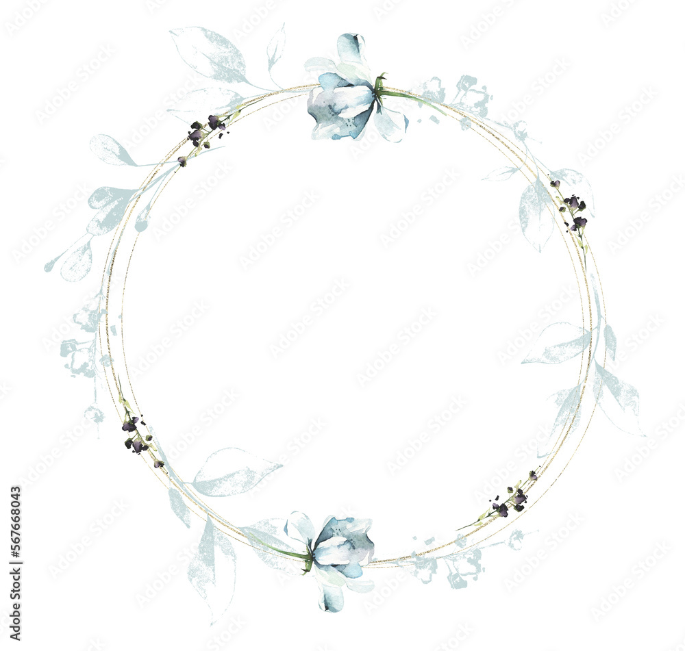 Arrangement frame with blue branches, leaves, flowers and gold fraphic elements. Watercolor painted floral wreath. Cut out hand drawn PNG illustration on transparent background. Isolated clipart. Arrangement frame with blue branches, leaves, flowers and gold fraphic elements. Watercolor painted floral wreath. Cut out hand drawn PNG illustration on transparent background. Isolated clipart.