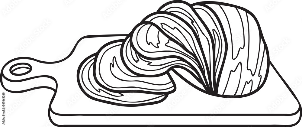 Hand Drawn sliced ham on a wooden chopping board illustration in doodle style Hand Drawn sliced ham on a wooden chopping board illustration in doodle style