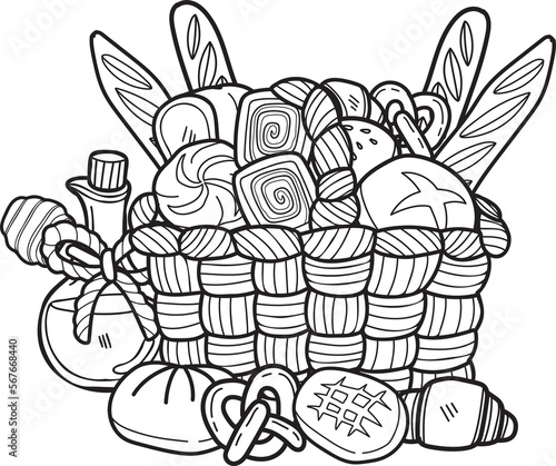 Hand Drawn set of bread on the basket illustration in doodle style