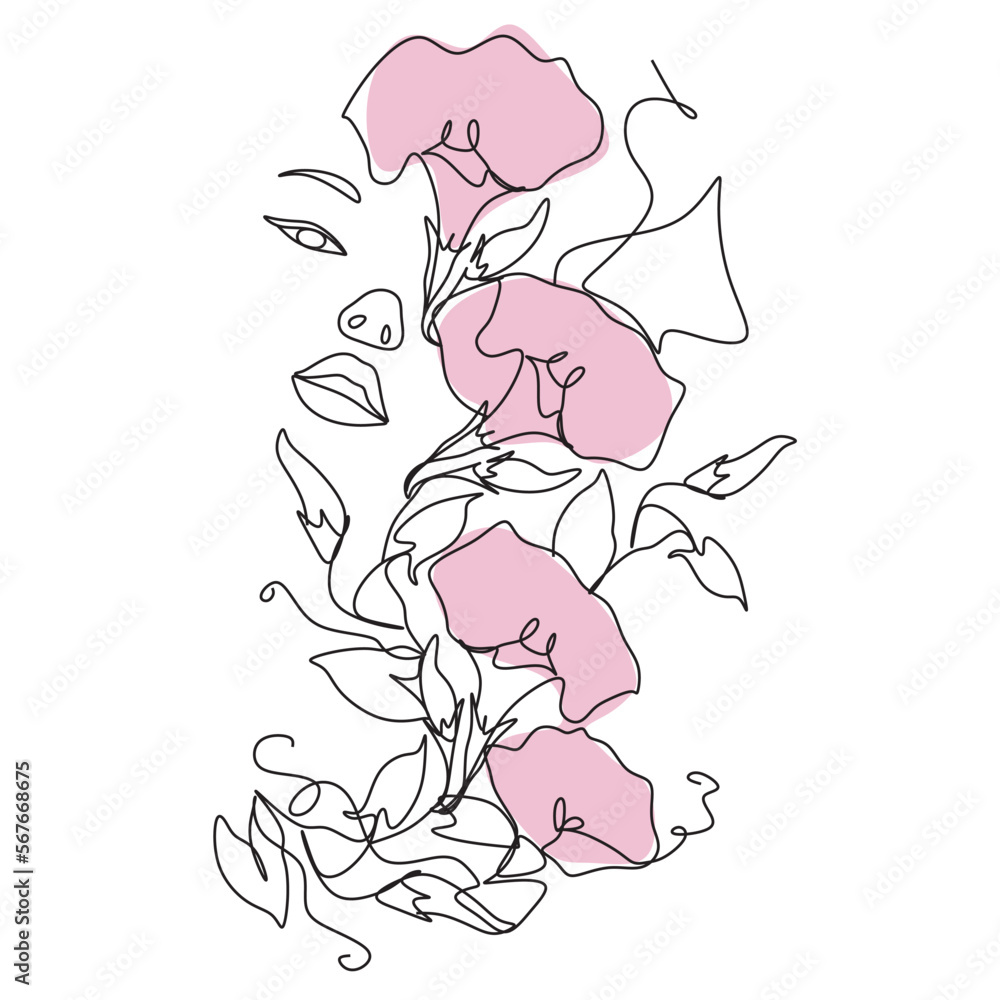 Woman face with flowers. Abstract face with butterfly by one line drawing. Portrait minimalistic style. Botanical print. Nature symbol of cosmetics Woman face with flowers. Abstract face with butterfly by one line drawing. Portrait minimalistic style. Botanical print. Nature symbol of cosmetics