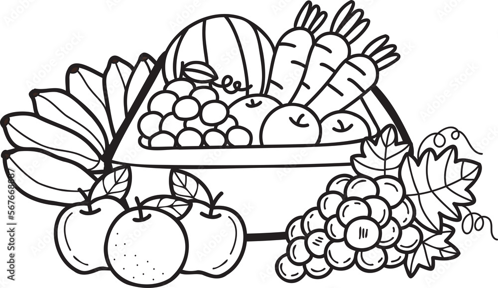 Hand Drawn fruit basket illustration in doodle style Hand Drawn fruit basket illustration in doodle style