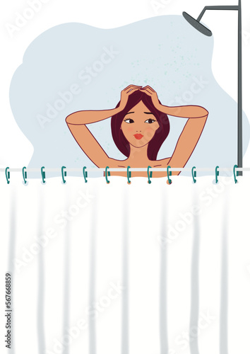 Illustration of a beautiful woman taking a shower. Woman washing herself behind her shower curtain. Hand drawn. Isolated image