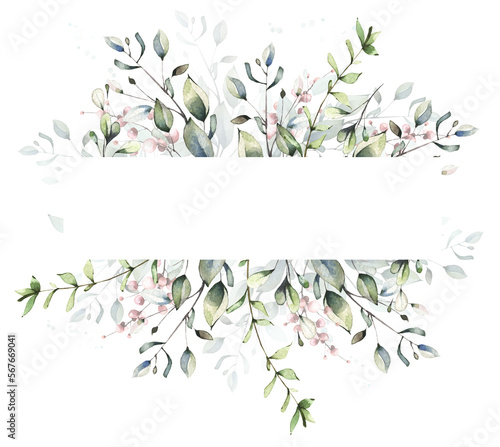 Watercolor painted floral frame. Arrangement with green branches and pink leaves. Cut out hand drawn PNG illustration on transparent background. Watercolour isolated clipart drawing.