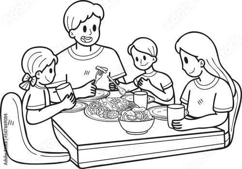 Hand Drawn family eating food on the table illustration in doodle style