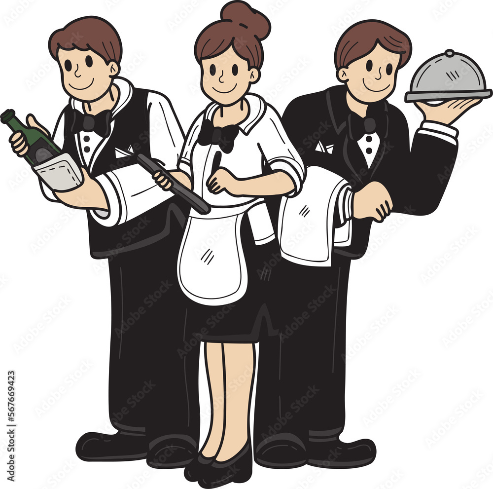 Hand Drawn Waitress in a restaurant illustration in doodle style Hand Drawn Waitress in a restaurant illustration in doodle style