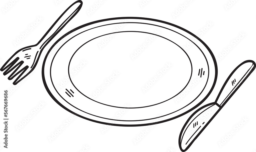 Hand Drawn Food plate with fork and knife illustration in doodle style Hand Drawn Food plate with fork and knife illustration in doodle style