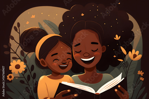 mother with her happy daughters reading a book, vector art