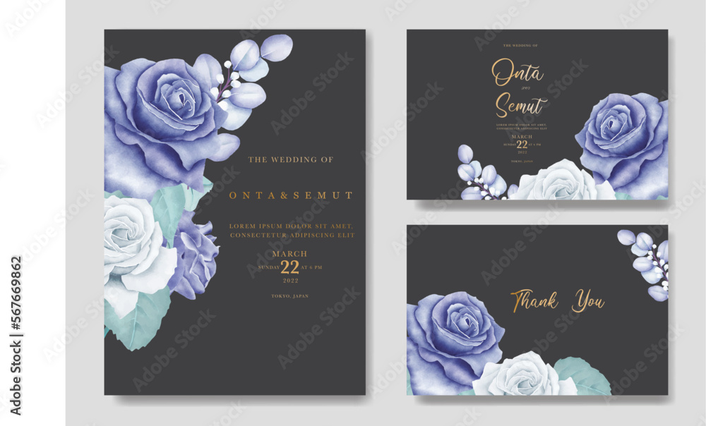 elegant watercolor floral wedding stationery with navy blue flower and leaves 