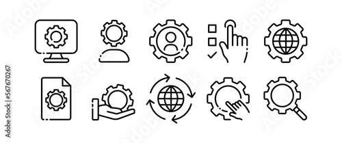 Settings with gears line icon. Control panel, cube, scroll, book, instruction, website, tune, install, adjust, configuration file, configuration. Setup concept. Vector line icon on white background