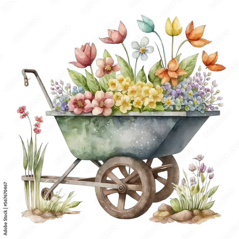 Cute vintage Spring Wheelbarrow Watercolor PNG Transparent File , Generative AI