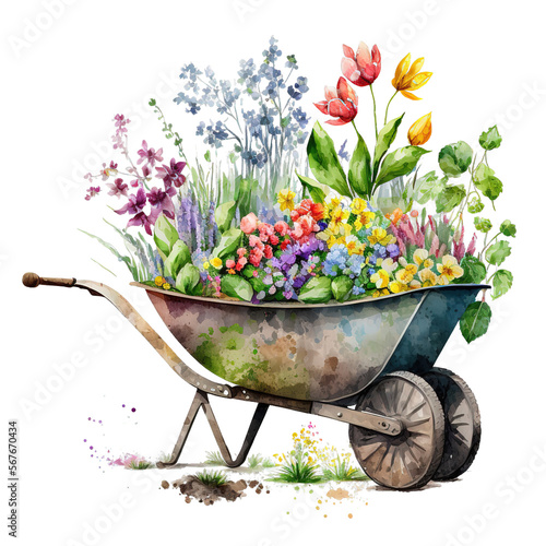 Leinwand Poster Watercolor vintage Spring Wheelbarrow  Clipart Sublimation PNG Transparent  ,Spr