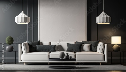 modern Dark matte living room interior simple an clean with empty mock up place on wall. Generative ai