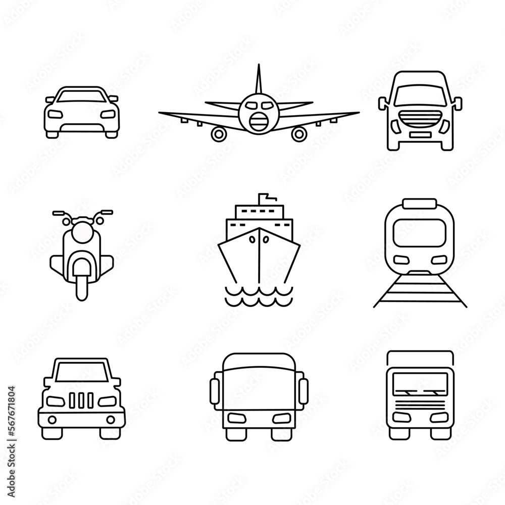 Fotografie Public transport vector outline style icon set