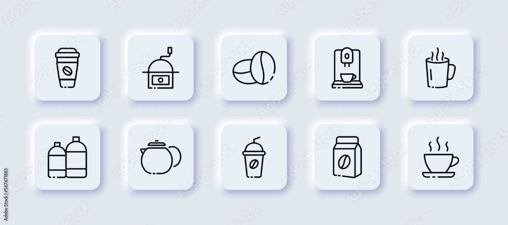 Coffee beans set icon. Mug, glass, coffee, latte, cappuccino, coffee grains, tea bag, care, coffee machine, tea. Hot drink concept. Neomorphism style. Vector line icon for Advertising Coffee beans set icon. Mug, glass, coffee, latte, cappuccino, coffee grains, tea bag, care, coffee machine, tea. Hot drink concept. Neomorphism style. Vector line icon for Advertising