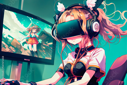 Metaverse tehnology concept teenage anime girl