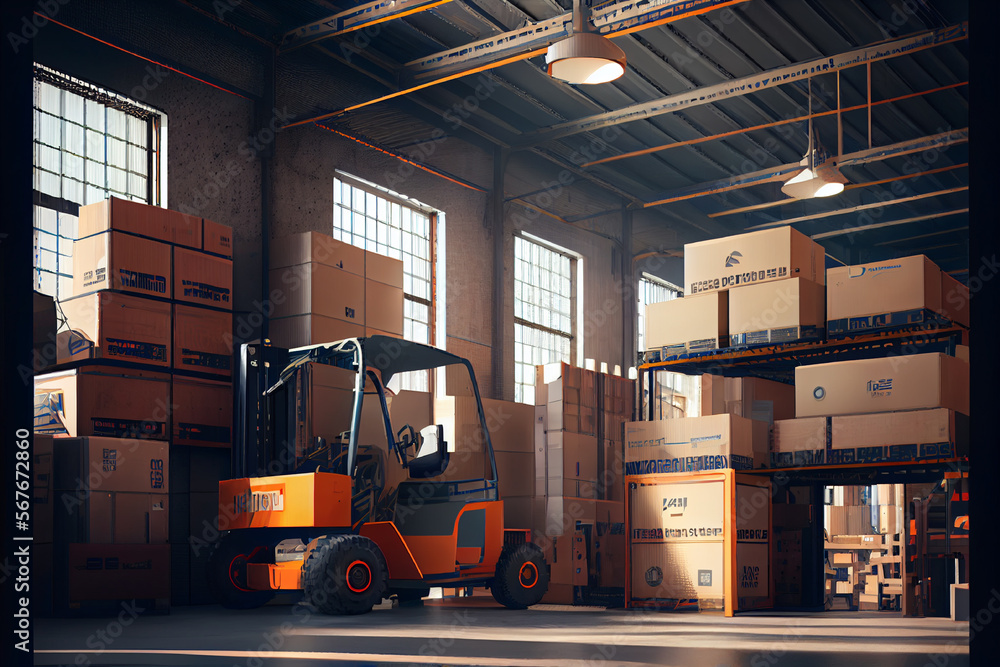 Interior of a warehouse with lots of boxes and goods | Forklift in a warehouse | Forklift with lots of boxes and goods | Generative Ai | Inside of a factory with a lot of storage