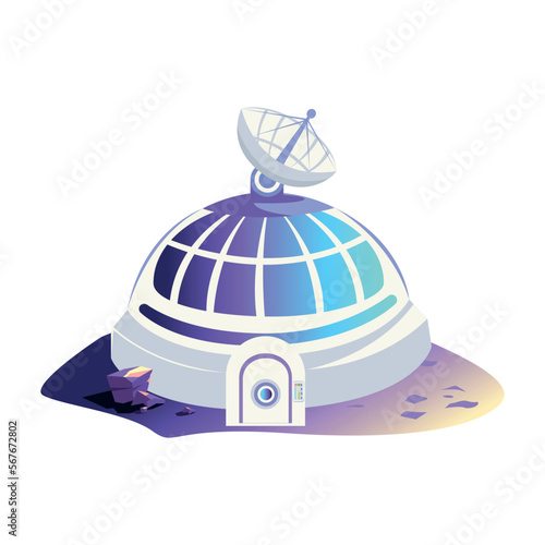 space habitation module - observatory with satellite dish in cartoon style. vector illustration isolated on white background. planetary exploration. Space research. photo