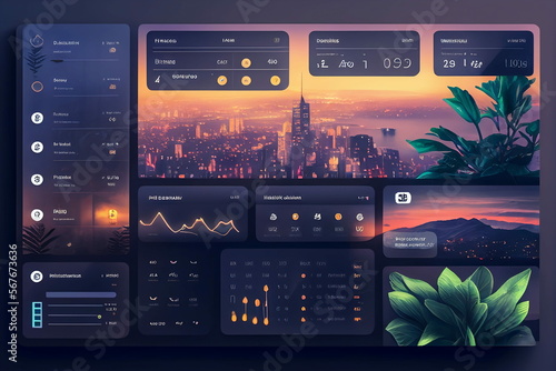 Modern colorful user interface dashboard design. Futuristic, aesthetic desktop layout concept. Professional web design. photo