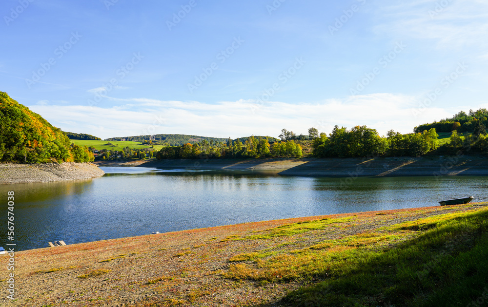 View of the Diemelsee and the surrounding nature. Landscape at the Diemeltalsperre in the Hochsauerland district.
