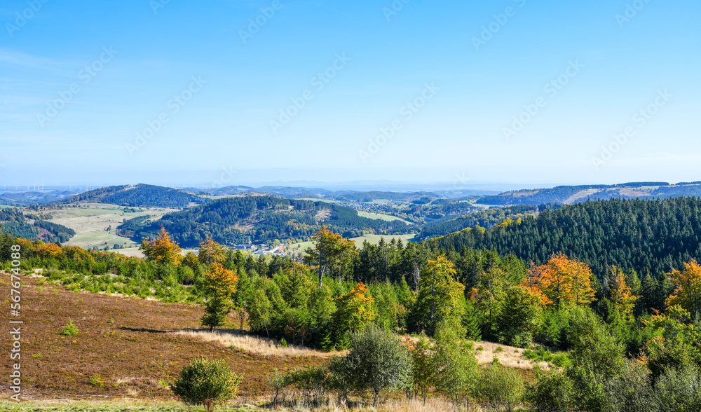 View of the landscape around the Ettelsberg. Nature near Willingen am Rothaargebirge. Sauerland.
