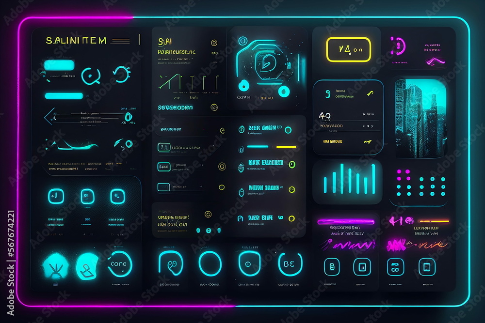 Modern neon user interface dashboard design. Futuristic, aesthetic desktop layout concept. Professional holographic web design. Modern neon user interface dashboard design. Futuristic, aesthetic desktop layout concept. Professional holographic web design.