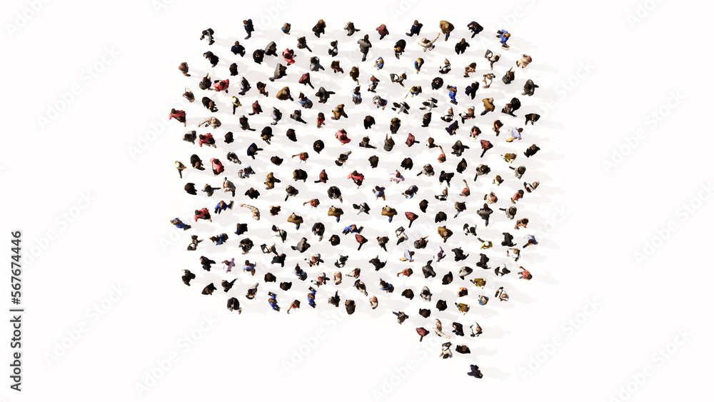 Concept conceptual large community of people forming the emplty cloud sign. 3d illustration metaphor for communication, online talking, chatting, internet discussion Concept conceptual large community of people forming the emplty cloud sign. 3d illustration metaphor for communication, online talking, chatting, internet discussion
