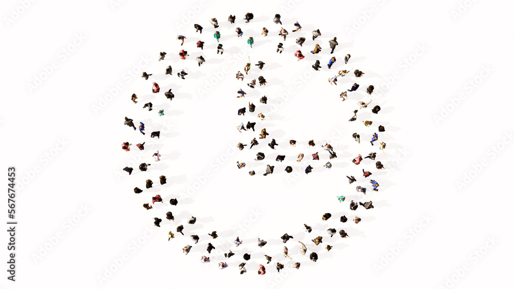 Concept conceptual large community of people forming the clock icon. 3d illustration metaphor for time, countdown, chronometer, business and deadline Concept conceptual large community of people forming the clock icon. 3d illustration metaphor for time, countdown, chronometer, business and deadline
