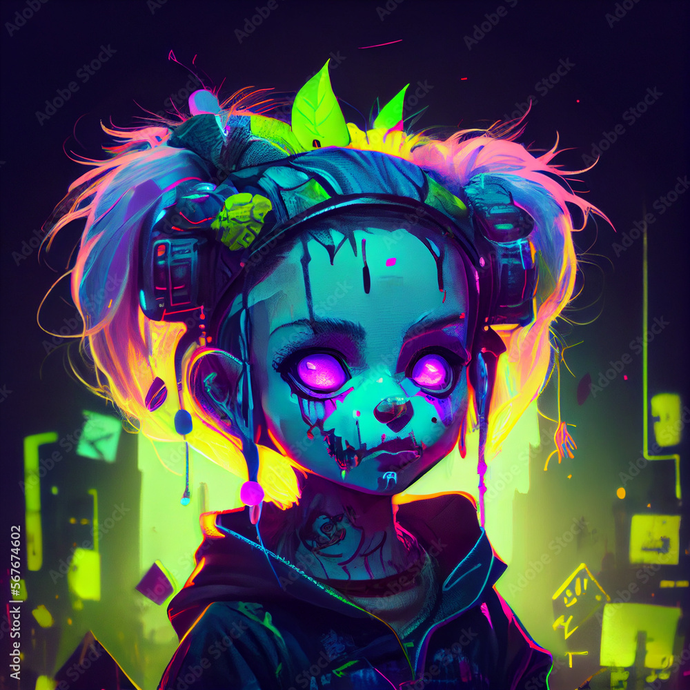 abstract hypno Cute Halloween Zombie cyberpunk neon, artificial intelligence abstract hypno Cute Halloween Zombie cyberpunk neon, artificial intelligence