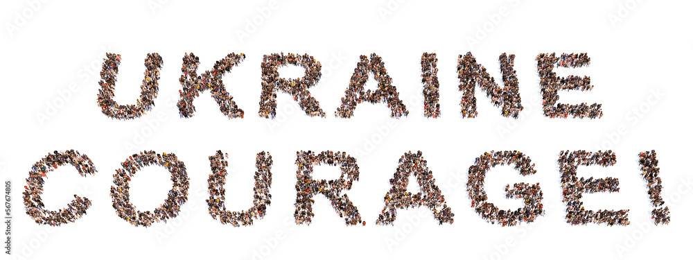 Conceptual community of people forming the message UKRAINE COURAGE. 3d illustration metaphor for fighting, spirit, determination, motivation and strength, patriotism, resilience, survival Conceptual community of people forming the message UKRAINE COURAGE. 3d illustration metaphor for fighting, spirit, determination, motivation and strength, patriotism, resilience, survival