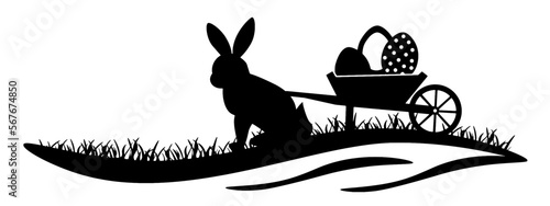 Happy easter holiday background banner panorama vector illustration for logo - Black silhouette of Easter bunny and wheelbarrow with Easter eggs isolated on white background